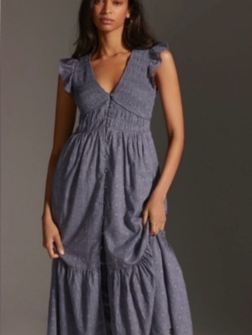 Anthropologie Dusty Blue Tiered Smocked Maxi Dress - Picture 3 of 6